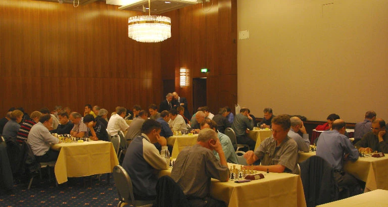 Tournament hall at the thematic Alla Siciliana rapid tournament in Basel 2004.