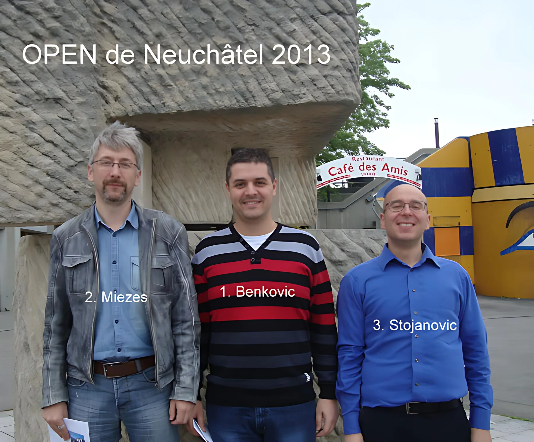 Top three at the Open de Neuchâtel 2013: GM Normunds Miezis, IM Petar Benković and GM Mihajlo Stojanović.