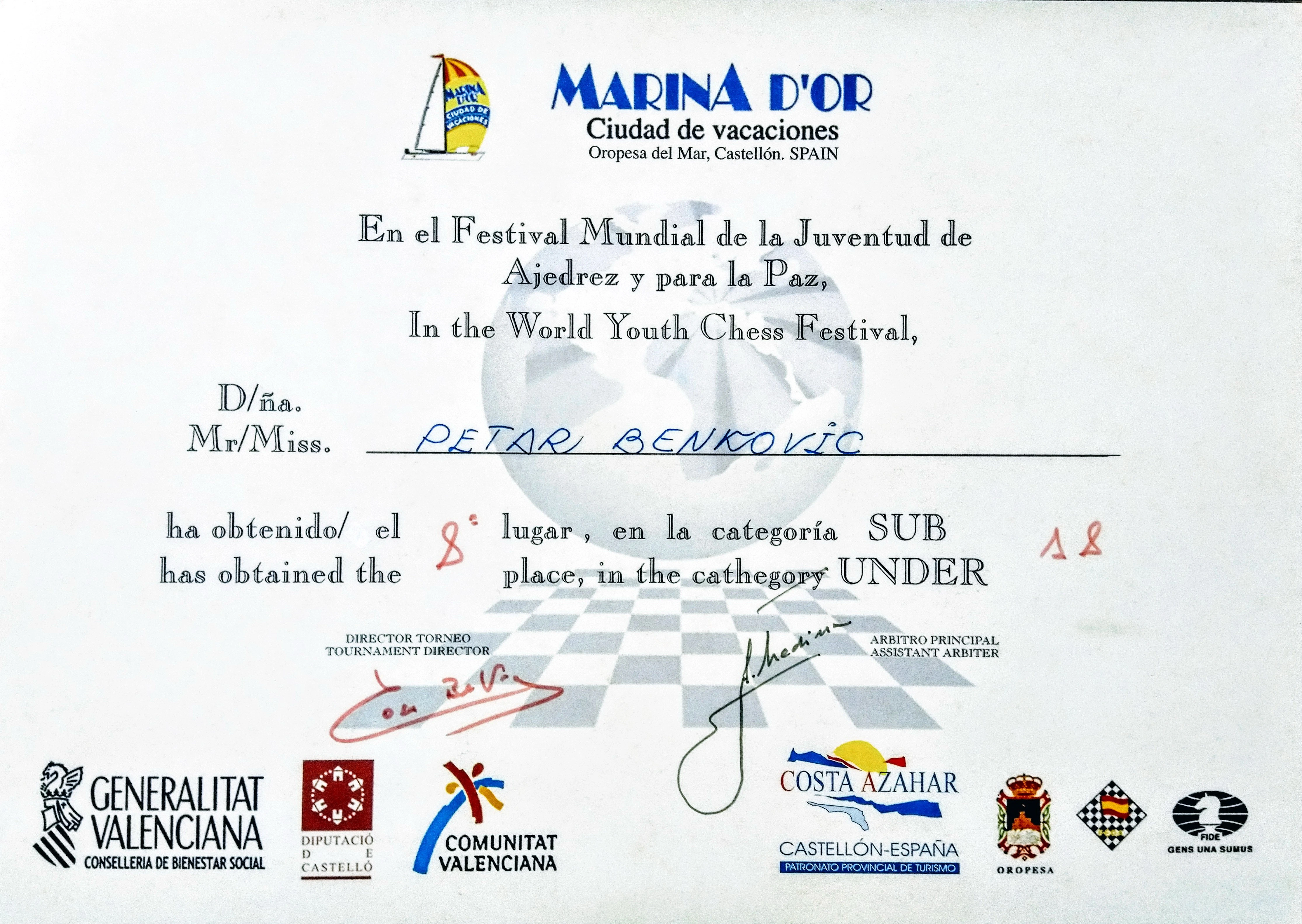 Petar Benković’s diploma for 8th place at the World Youth Chess Festival in Oropesa del Mar 1998.